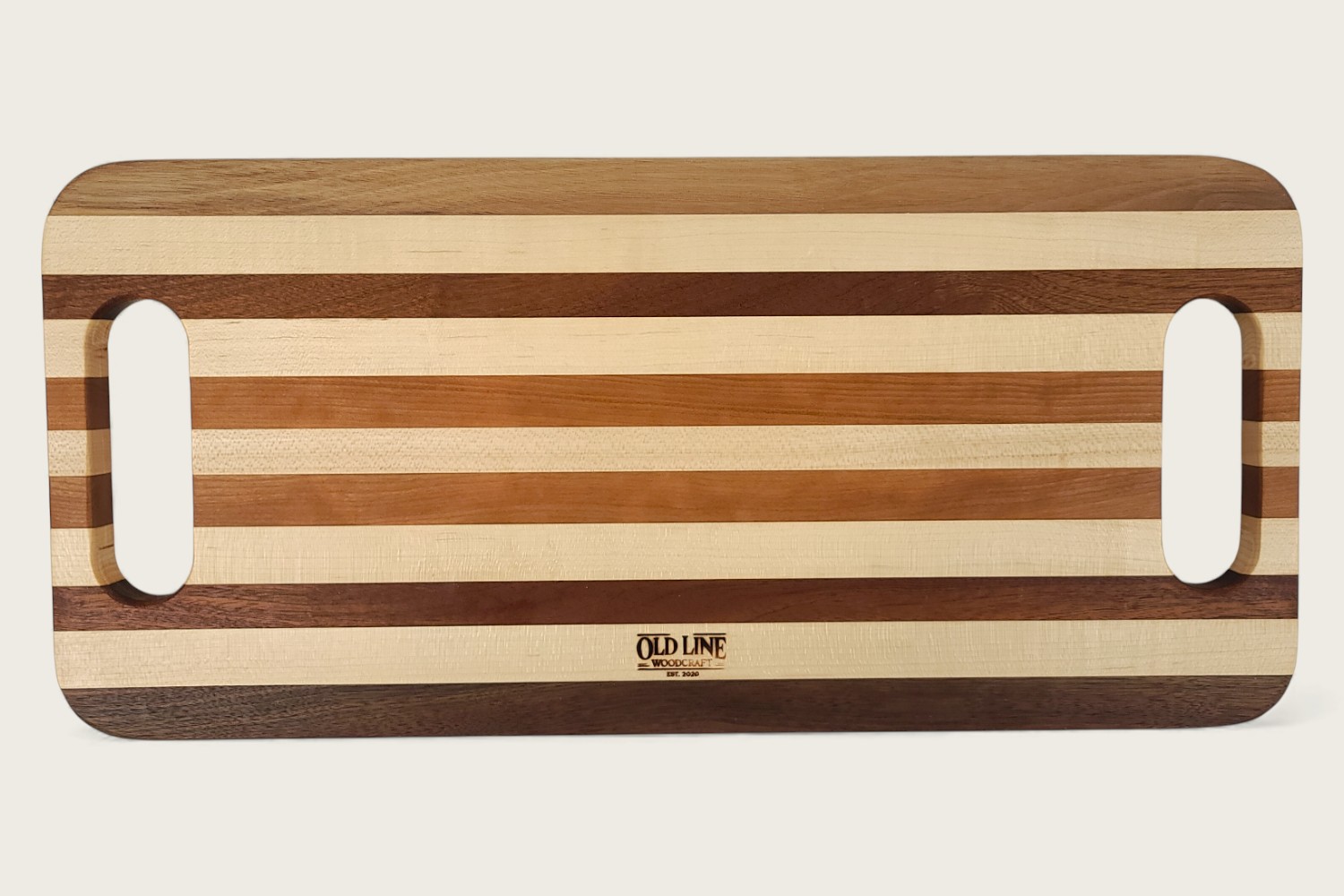 Original Maple Striped Charcuterie Board with edge-grain maple, walnut, mahogany, and cherry in a rectangular shape.
